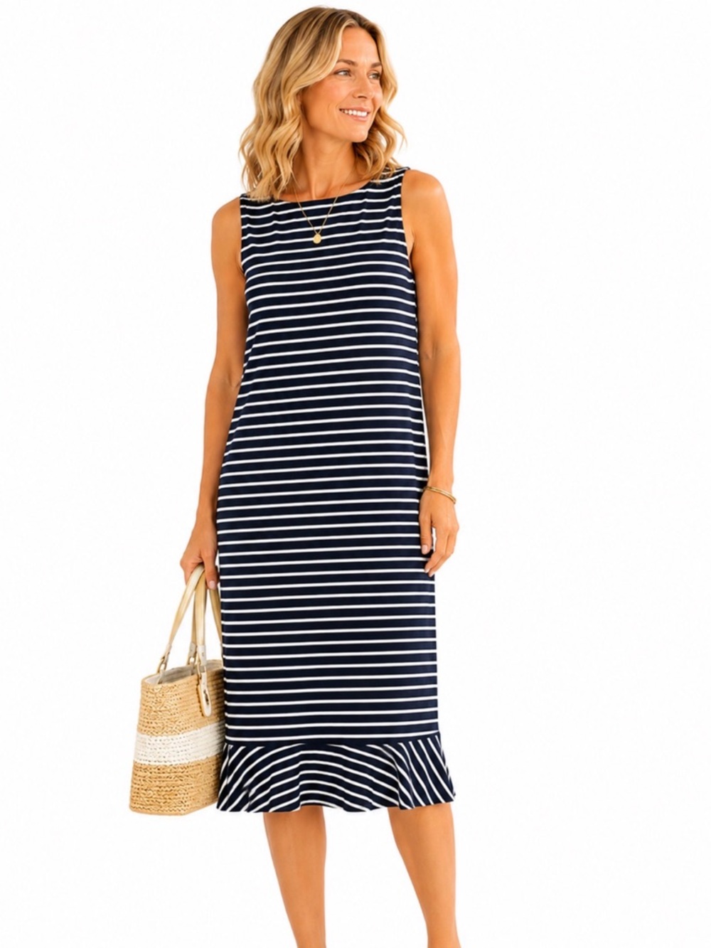 Lands’ End Sleeveless Navy Blue White Stripes Midi Dress 4 Nautical Coastal